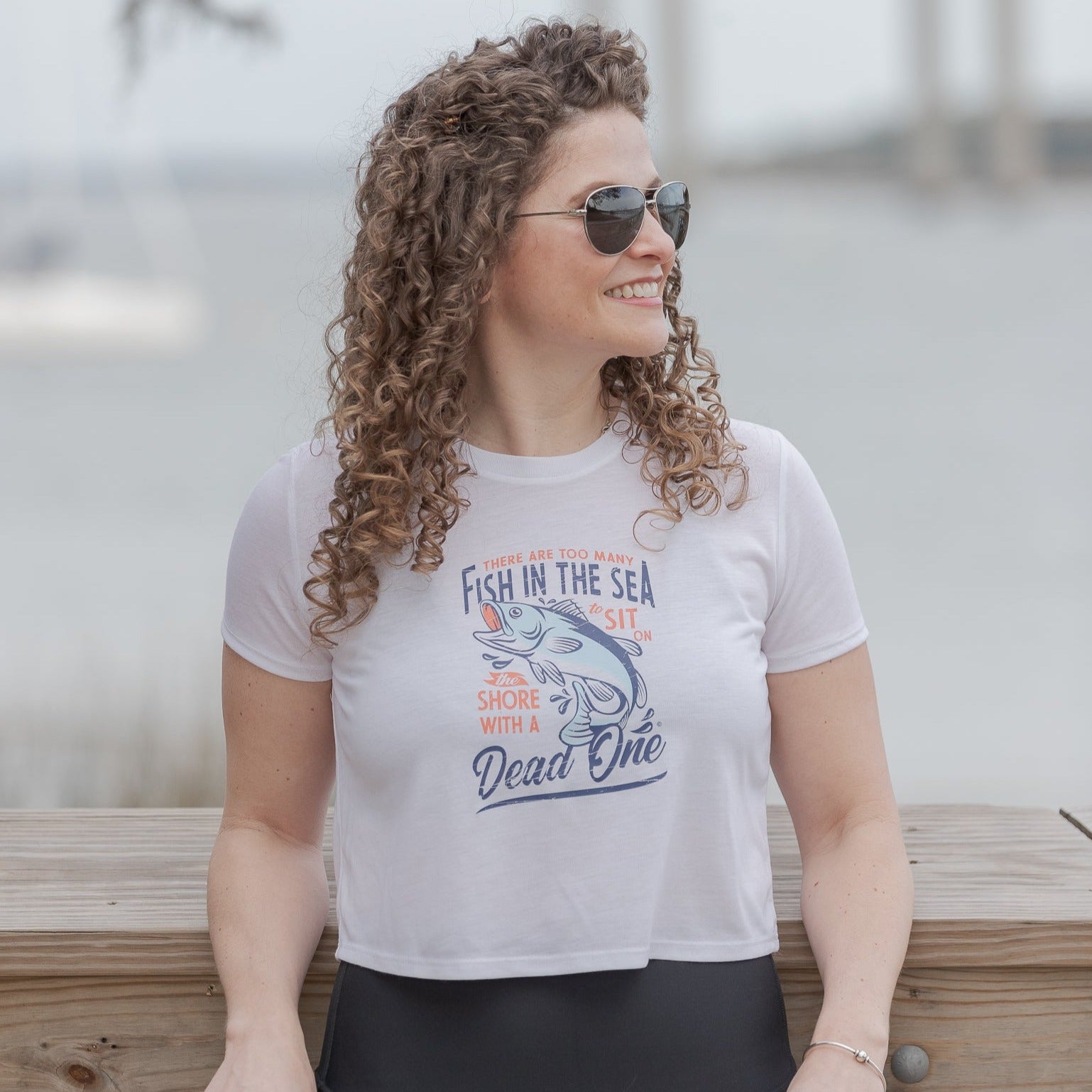 Blue Logo White Flowy Cropped T-Shirt