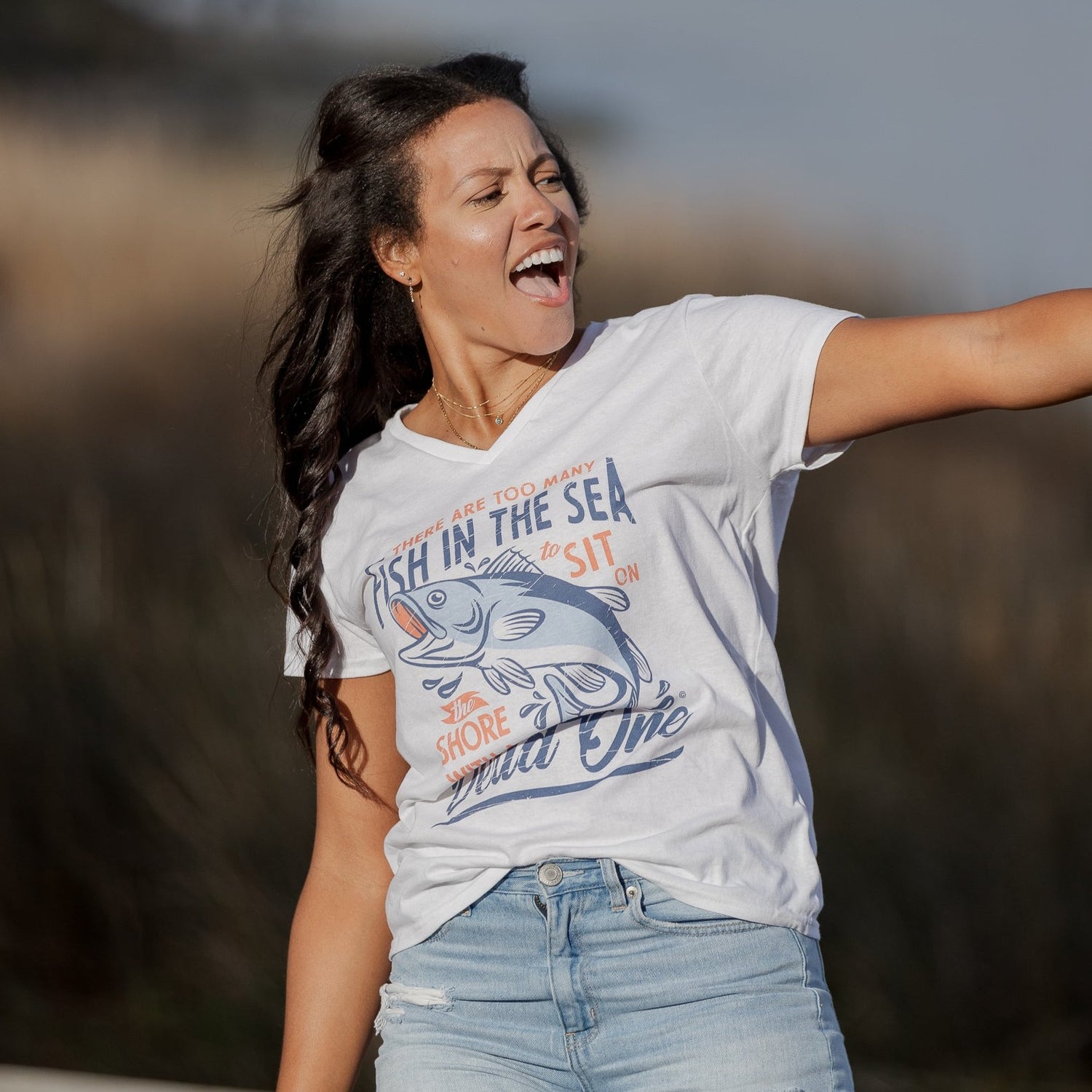 Blue Logo White V-Neck T-Shirt