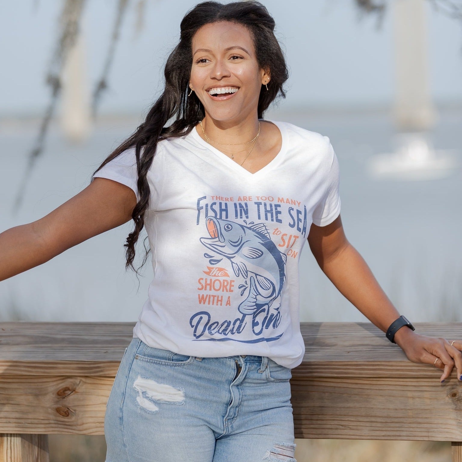 Blue Logo White V-Neck T-Shirt